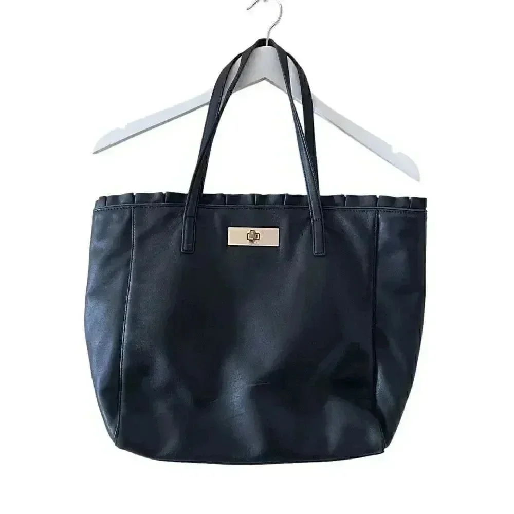 Kate Spade New York Logo Black Leather Tote Double Handles Shoulder Bag Ruffle